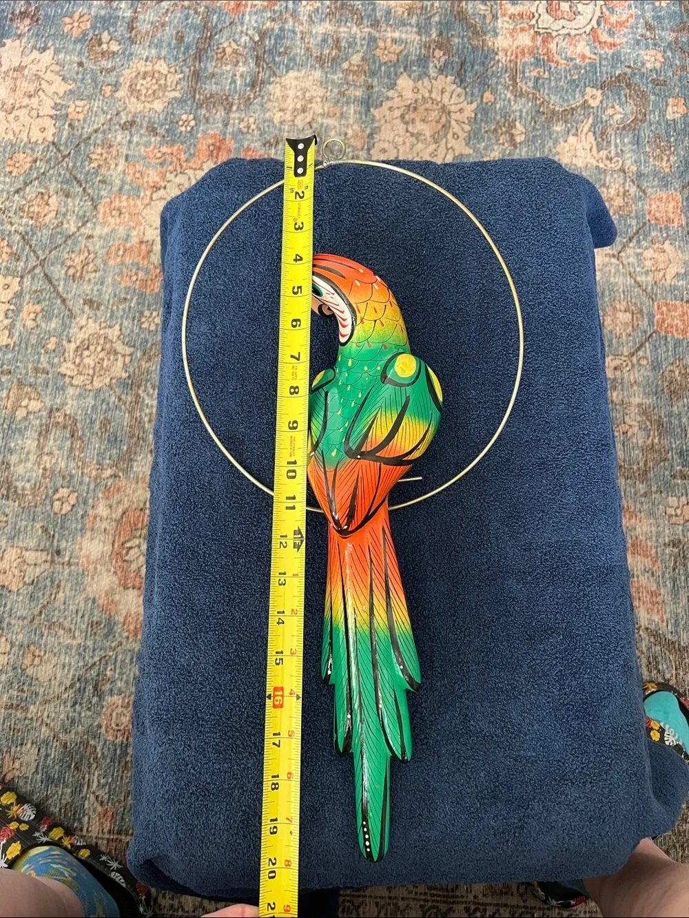 Colorful Parrot Hanging Bird Decor in Green and Orange - Ceramic Pottery